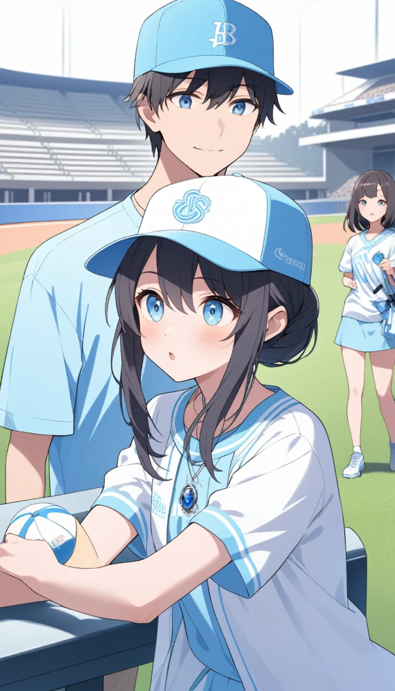 Midsummer Stadium Baseball Girl、Black Haired Girl。He is wearing a light blue baseball shirt with a summery blue and white look.、Baseball Cap、Vision、Visionのスタジアム、