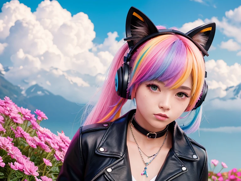 Flowers、Rainbow Hair、Headphones、Cat ear、Seven-colored hair、leather jacket，Flowers and sky background、Young face、Huge 、ponytail、first round、necklace、jewelry、Tank top