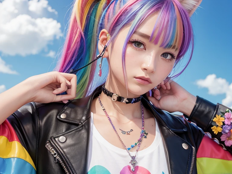 Flowers、Rainbow Hair、Headphones、Cat ear、Seven-colored hair、leather jacket,Flowers and sky background、Young face、Huge 、ponytail、first round、necklace、jewelry、Tank top