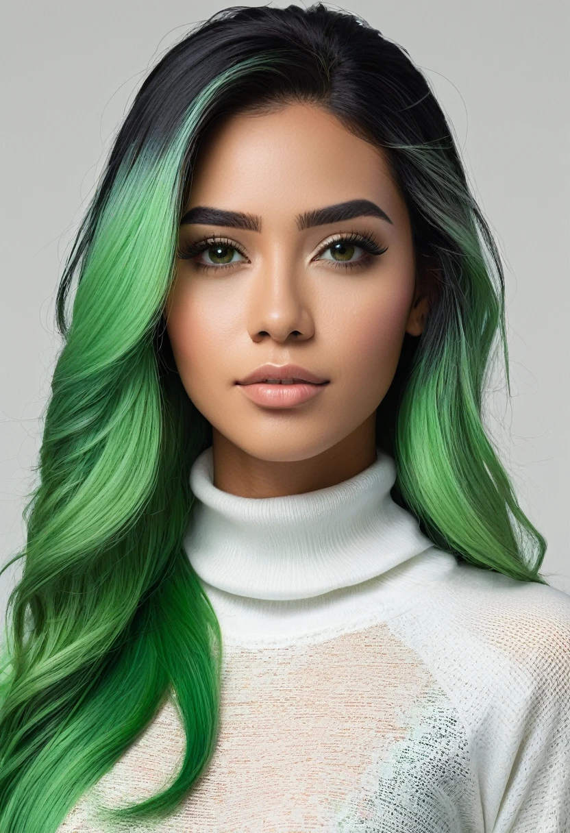 whole person,hiper realistic, different angles,ETHNICITY: Latino,GENDER: female, AGE: 27 years old, HEIGHT: , two meters, FULL BODY TYPE: triangular, FACE TYPE: rectangular, HAIR COLOR: black, EYE COLOR: green, SKIN COLOR: WHITE, HAIR HAIRSTYLE: long hair, TIPO DE CALÇADO: social
