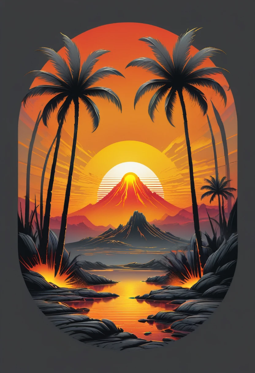 creative logo illustration of gradient gray magma with glowing cracks in the shape of palms and glowing yellow and orange lava in the shape of a sunset, digital art style by Dan Mumford, Carne Griffith, Frank Frazetta, outline, bright coloured, High definition, details Intricate, logo style, negative space, t shirt design