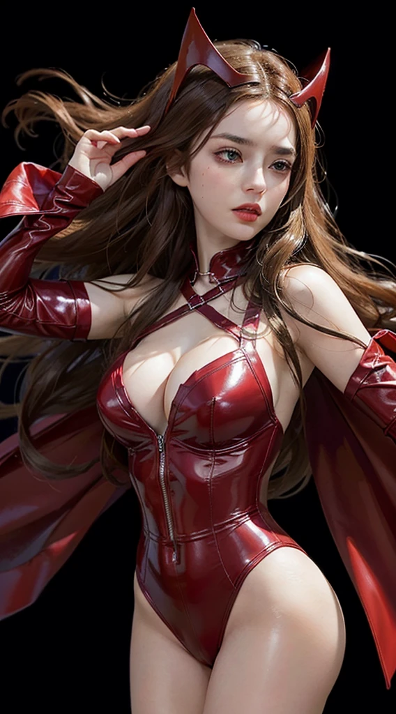 VERY beautiful woman, Wanda Maximoff, also known as the Scarlet Witch, unfolds her mesmerizing presence. With waves of blown, wavy hair cascading down her shoulders, she captivates the gaze of onlookers. a pair of red horns, big beautiful breast, Draped in a seductive scarlet bodycon bodysuit that clings to her slender figure, every curve is accentuated by the form-fitting fabric. Its long sleeves and strategic straps add a sense of sophistication and allure, while buckles suggest an underlying strength and resilience. detailed skin texture, The sumptuous color of her suit complements her sexy, hot, lustful, black background, realistic, ultra HD, RAW picture