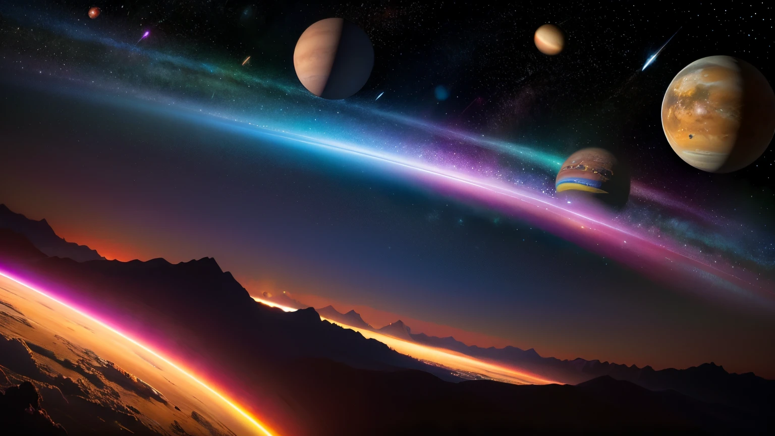 ((Highest quality)), ((masterpiece)), (detailed),  ((Highest quality)), ((masterpiece)), (detailed), A vibrant and colorful outer space scene featuring multiple planets and stars. The foreground planet is illuminated by a bright light source, creating a glowing effect. In the background, there are planets with rings and nebulae, adding depth and detail to the scene. The entire image should have a cosmic and ethereal feel, with rich purples, blues, and hints of pink.