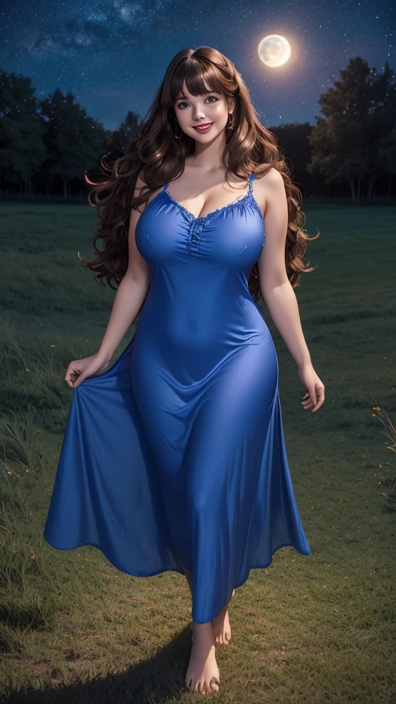 DisneyAurora, 27 years old, full body view Beautiful woman (((long wavy brown hair, two side up with bangs))) defined body, voluptuous, sexy, cherry red lipstick, arms by her sides, hands free, happily smiling, standing facing camera((( bright blue nightgown ))), in moonlit grassy field, (large_breasts:1.1) (curvy:1.0)