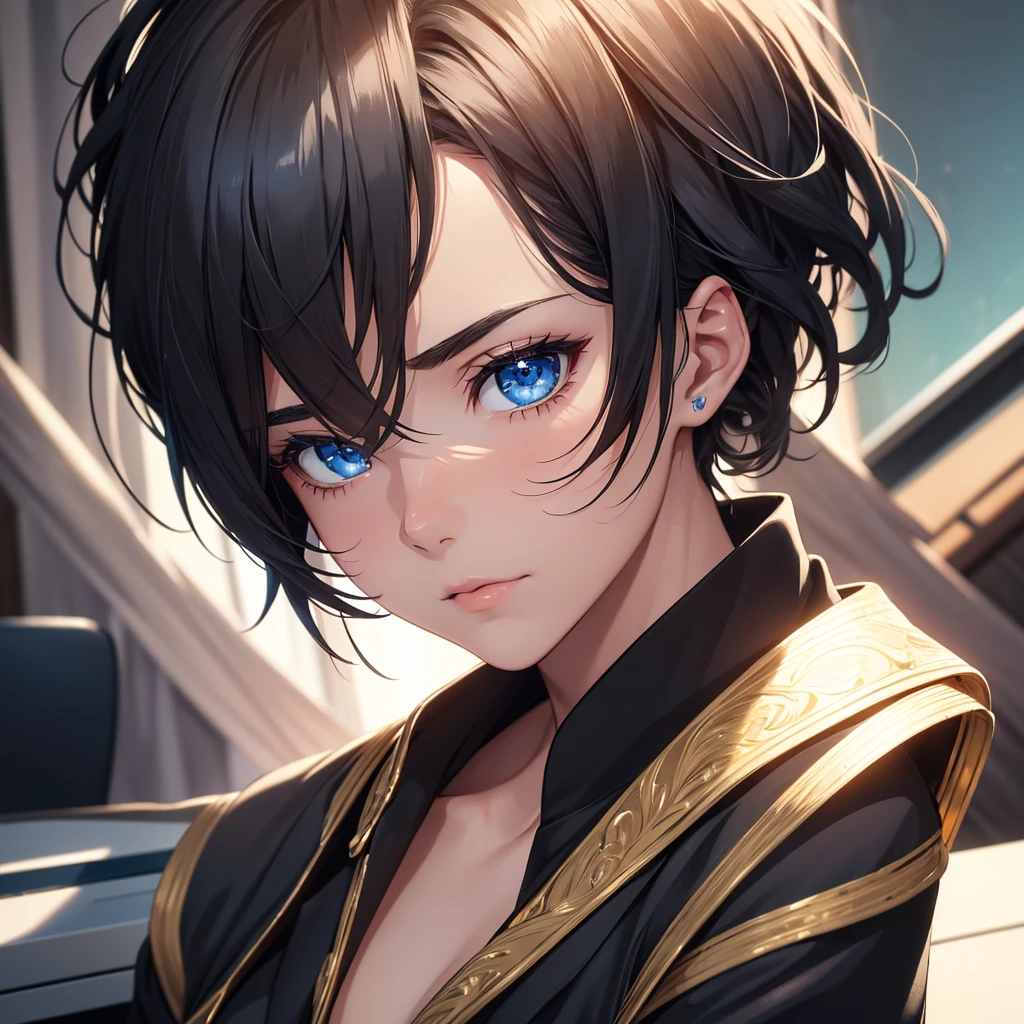 (8K, Best Quality, Masterpiece, Ultra High Resolution) 1 Male, Beautiful Eyes, Face Details, Short Black Hair, Blue Eyes, Sunkissed Skin, Slender, Toned, Suit, Sitting at Desk, Best Quality, Upper Body, Looking at the Viewer, Facing Viewer, Close Up