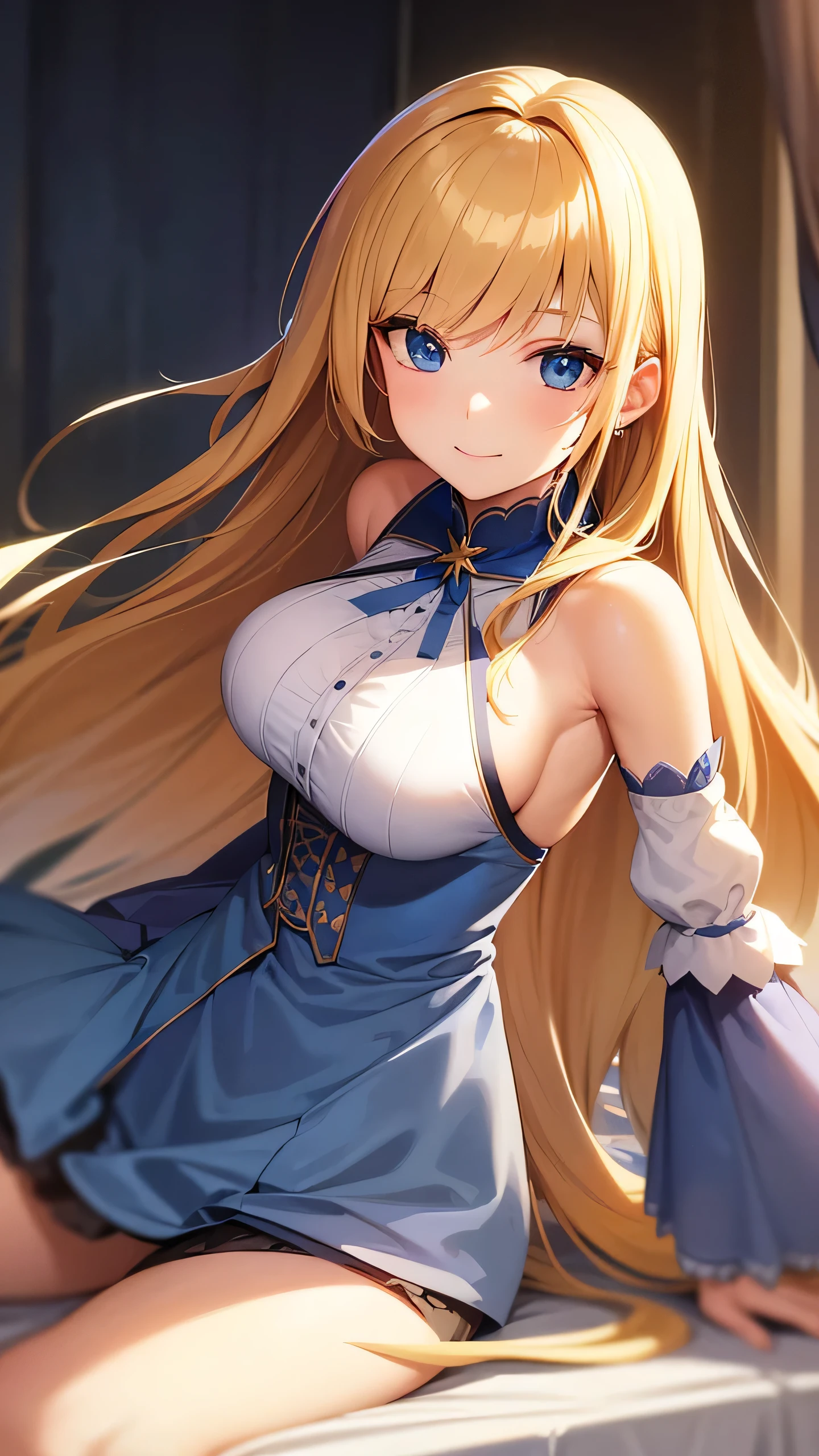 Best Quality, high resolutionolution, a woman, Focus on the woman, portrait, long blonde hair, blue royal clothing, Good posture, beautiful pose, right angle, Best Quality, Ambient lighting, ++++, high resolution, delicate and beautiful, Blue eyes, detailed eyes, SMILE, happy, happy expression, large eyes
