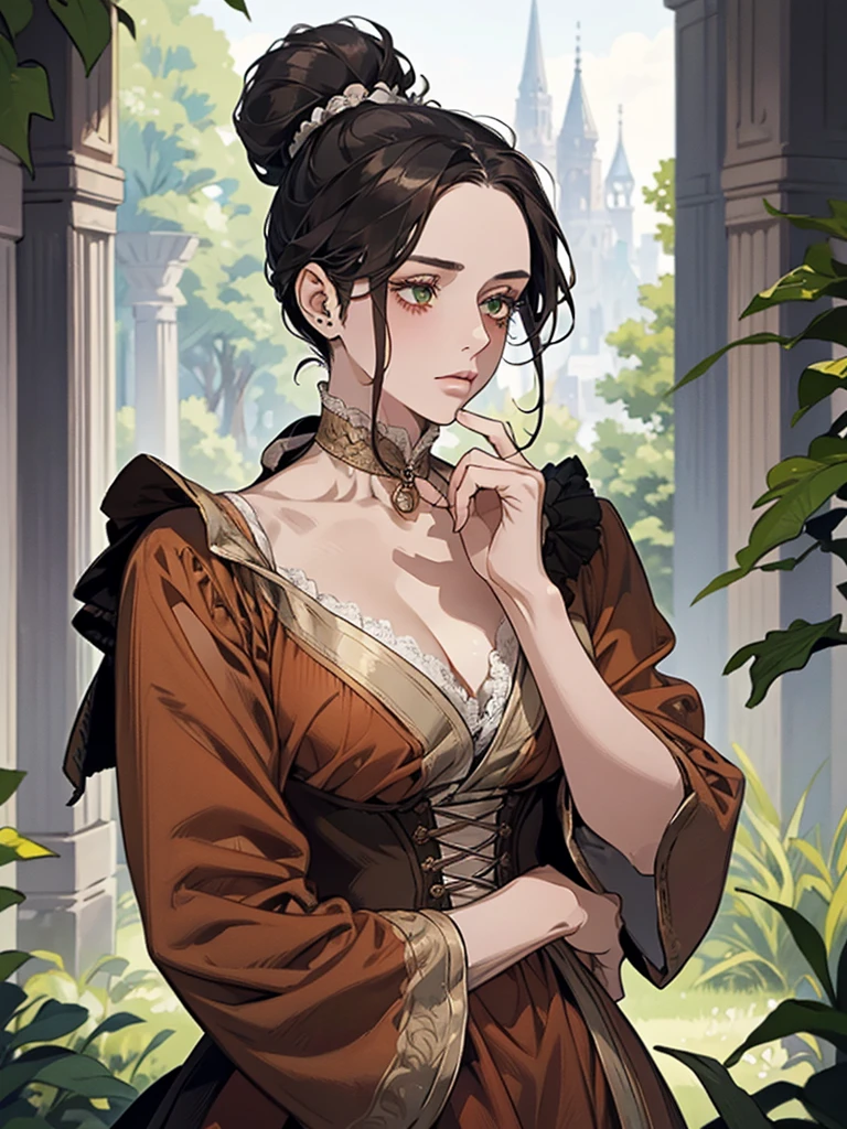 one, digital painting of a woman with her hair tied up in a bun, black hair, green eyes, young noblewoman from the 1800s , Soft Features, dark red dress, in the garden, PORTRAIT STYLE, looking away, ((crook in the nose, long aquiline nose))