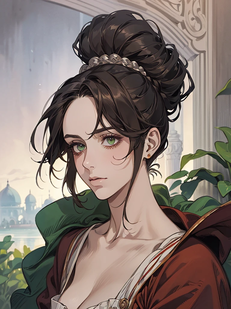 one, digital painting of a woman with her hair tied up in a bun, black hair, green eyes, young noblewoman from the 1800s , Soft Features, dark red dress, in the garden, PORTRAIT STYLE, looking away, ((crook in the nose, long aquiline nose))