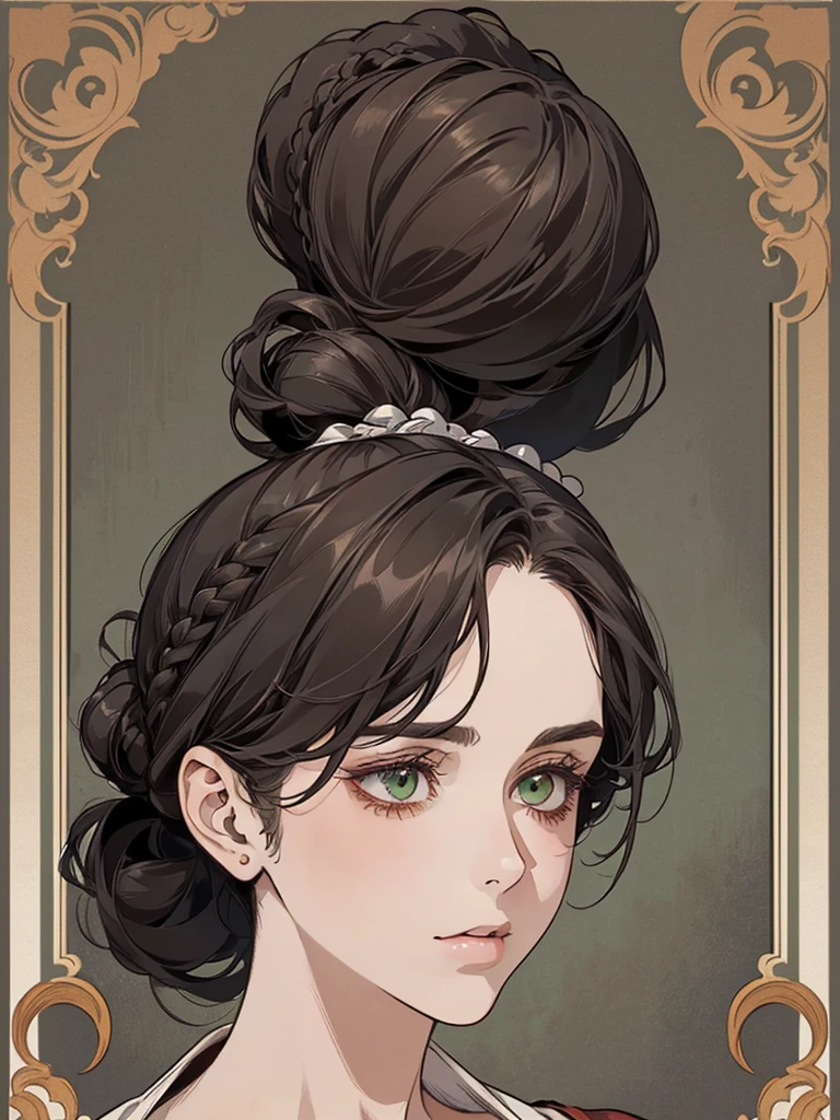 one, digital painting of a woman with her hair tied up in a bun, black hair, green eyes, young noblewoman from the 1800s , Soft Features, dark red dress, in the garden, PORTRAIT STYLE, looking away, ((crook in the nose, long aquiline nose))