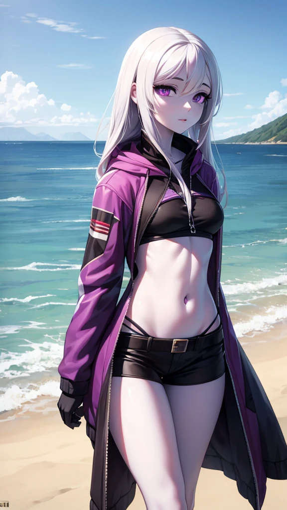 Snake, White hair, purple eyes with black pupils,with clothes, girl looking towards the sea very realistic 4k mode