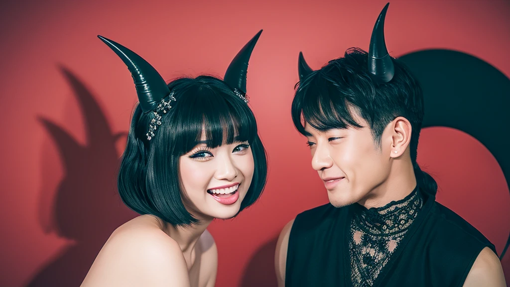 black hair, hair bobbles, wince, longeyelashes, solid circle eyes, fake animal ears, light smile, ear blush, fang, ccurate, big , naked vagin, ahoge, side ponytail, horns, wince, tongue out, Surrealism, drop shadow, anaglyph, stereogram, tachi-e, pov, atmospheric perspective, Canon, 8k, super detail, best quality, UHD, high details