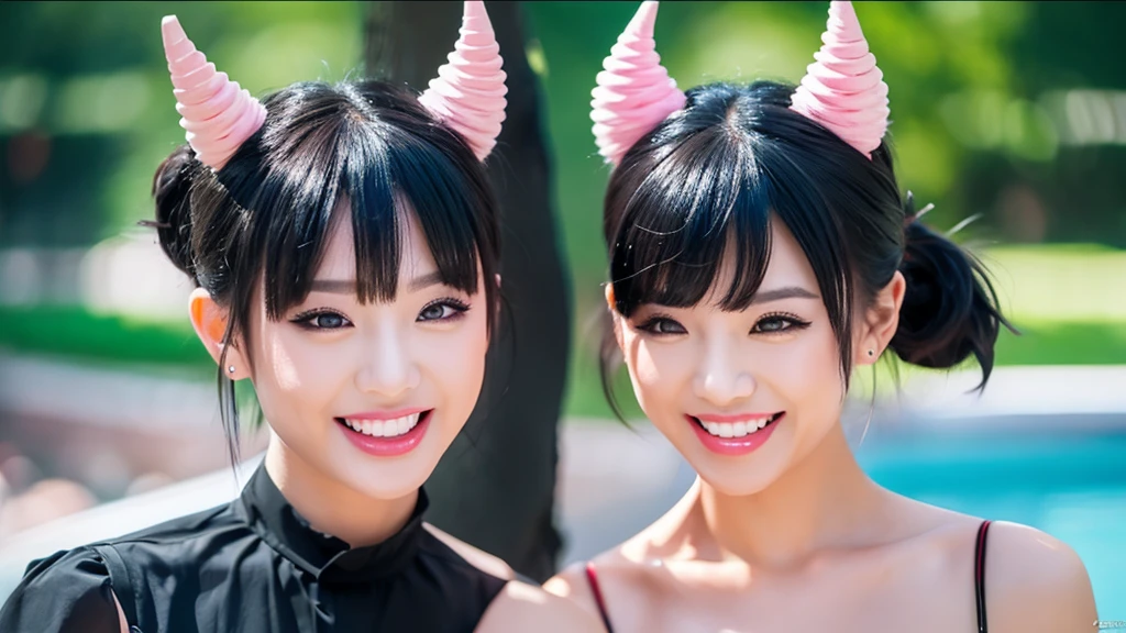 black hair, hair bobbles, wince, longeyelashes, solid circle eyes, fake animal ears, light smile, ear blush, fang, ccurate, big , naked vagin, ahoge, side ponytail, horns, wince, tongue out, Surrealism, drop shadow, anaglyph, stereogram, tachi-e, pov, atmospheric perspective, Canon, 8k, super detail, best quality, UHD, high details