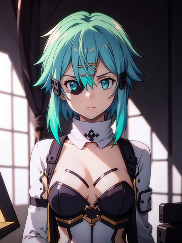 1 girl, light blue hair, light hair hair, sharp eyes, light blue eyes, sleeveless combat dress, bow, serious look, masterpiece, high quality, fantasy eyepatch, unique eyepatch, short hair, short hair, very short hair, unique hair, special hair