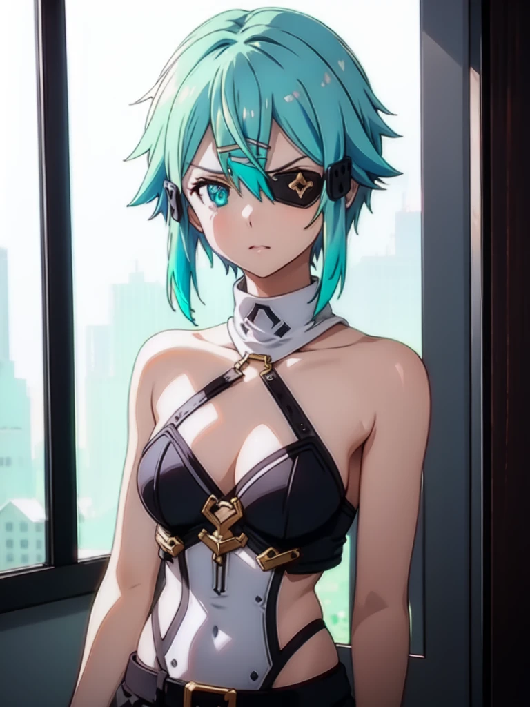 1 girl, light blue hair, light hair hair, sharp eyes, light blue eyes, sleeveless combat dress, bow, serious look, masterpiece, high quality, fantasy eyepatch, unique eyepatch, short hair, short hair, very short hair, unique hair, special hair