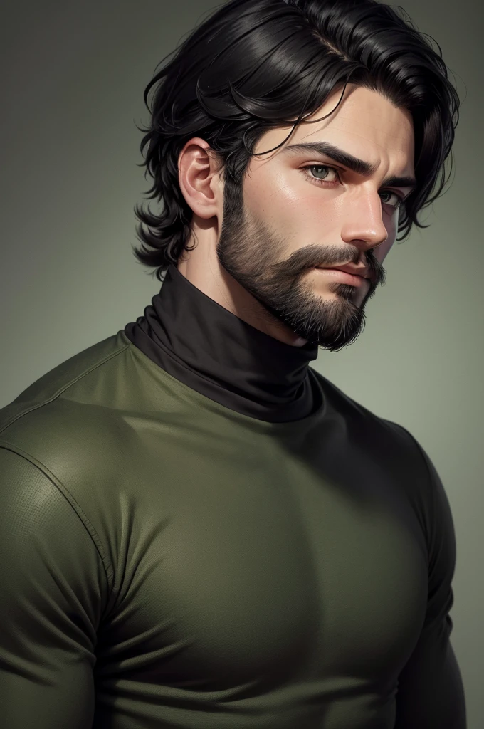realistic portrait of a young man with shaggy black hair and a sparse beard just on his chin. He has a serious expression and is wearing a bandage on his nose.. He wears a white turtleneck and a black coat.. The background is light green with scattered black details.