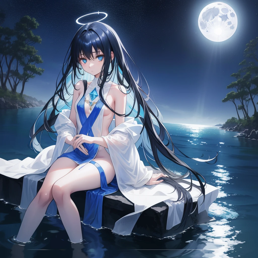 ((A long shot)) of a black-haired anime girl, ((sitting in a river)), ((strong moonlight)), cinematic light, slim body, skin is perfectly healthy, soft, and smooth, Extremely delicate and beautiful CG illustration, best quality, high resolution, dynamic angle, full-length lens, (1 girl), floating, (soft light, high-key lighting), glowing light, blue halo, blue crystal, ((very cinematic)), ((half naked))