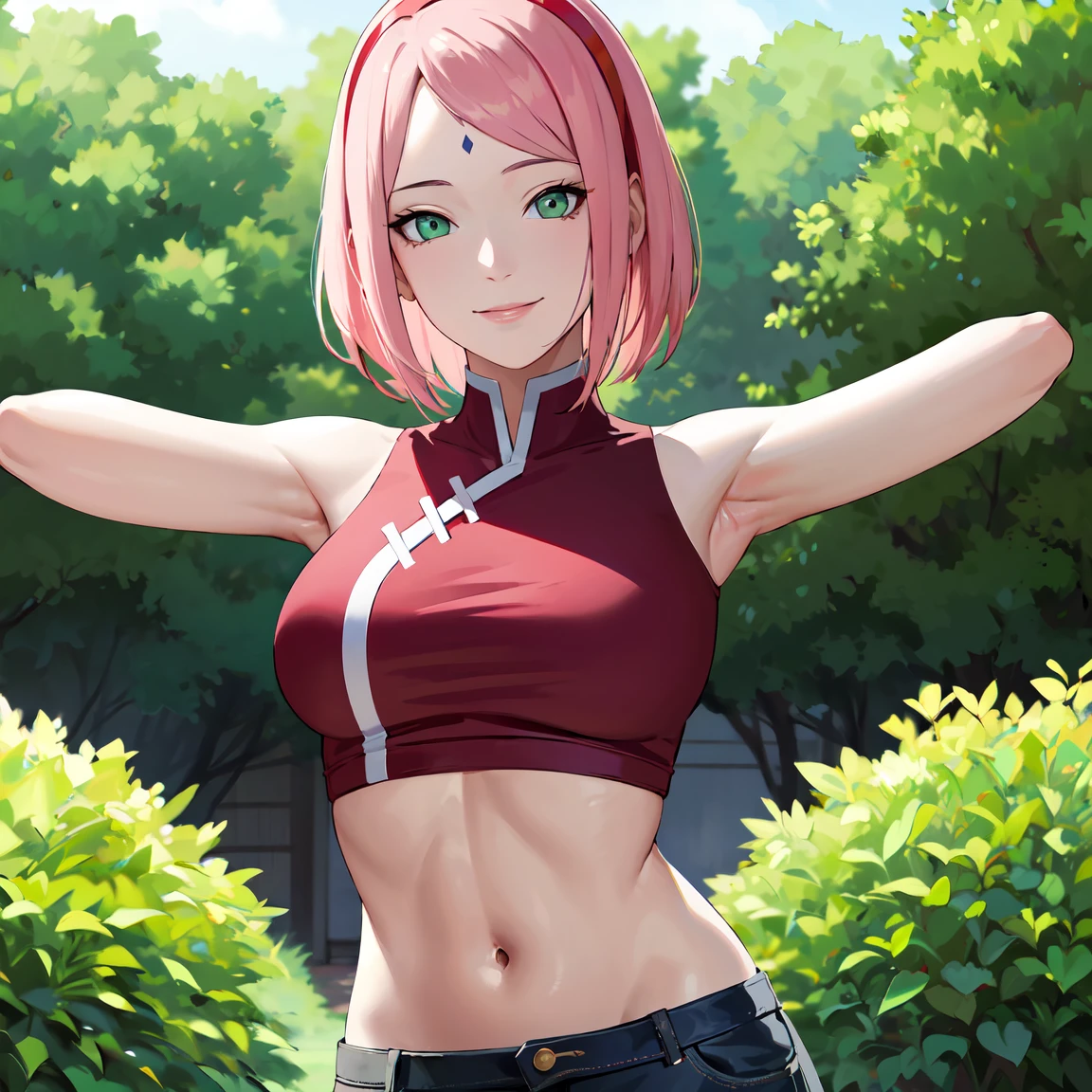 masterpiece, best quality,sharpness,absurdres ,1girl, haruno sakura,forehead mark, red hairband,sexy croptop,bracelet, looking at viewer, (arms behind head:1.1), smile,, middle large breasts,standing in a garden,arms behind back,closeup,only upperbody