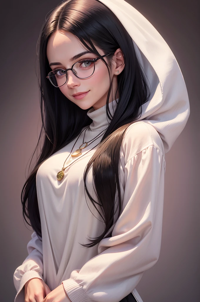 realistic portrait of a pretty white young woman with long straight black hair. She has green eyes and wears round glasses. She is smiling slightly and wears a long-sleeved white blouse with a purple turtleneck.. She is also wearing a necklace with a symbol pendant.. The background is light pink
