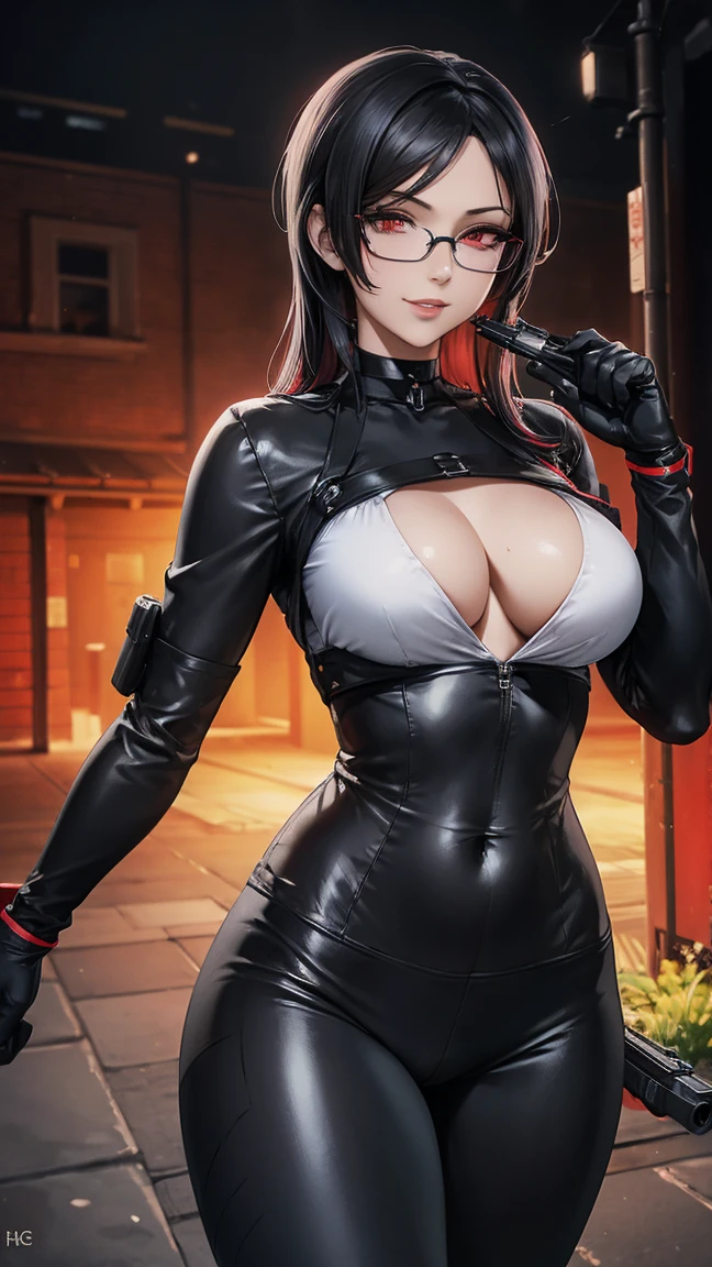 1 woman, standing, with seductive expression, loving smile, view from front, detailed eyes, pose sexy, big breasts, long black hair, his super detailed glowing eyes, Full lips painted red, chiseled physique and wide hips. glasses, choker:1.6, (long sleeve white collar buttoned shirt), black gloves covering your hands, holding a gun with the right hand, (shiny black leggings), Walking in a dark alley at night, This image oozes realism., capturing the essence of a fragile figure. digital art, photorealistic and high definition technique
