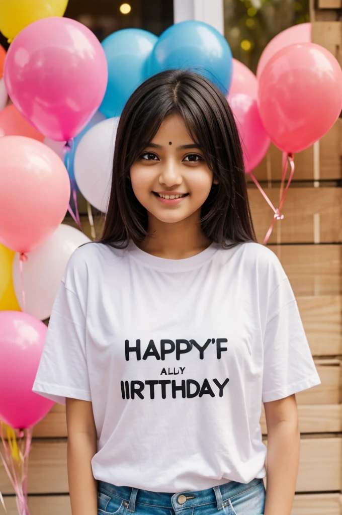 A girl's birthday. Above will be written Happy Birthday Shimu. There will be a birthday cake ahead. And that cake will have Happy Birthday Shimu written on it. And the girl is wearing a t-shirt with Happy Birthday Shimu written