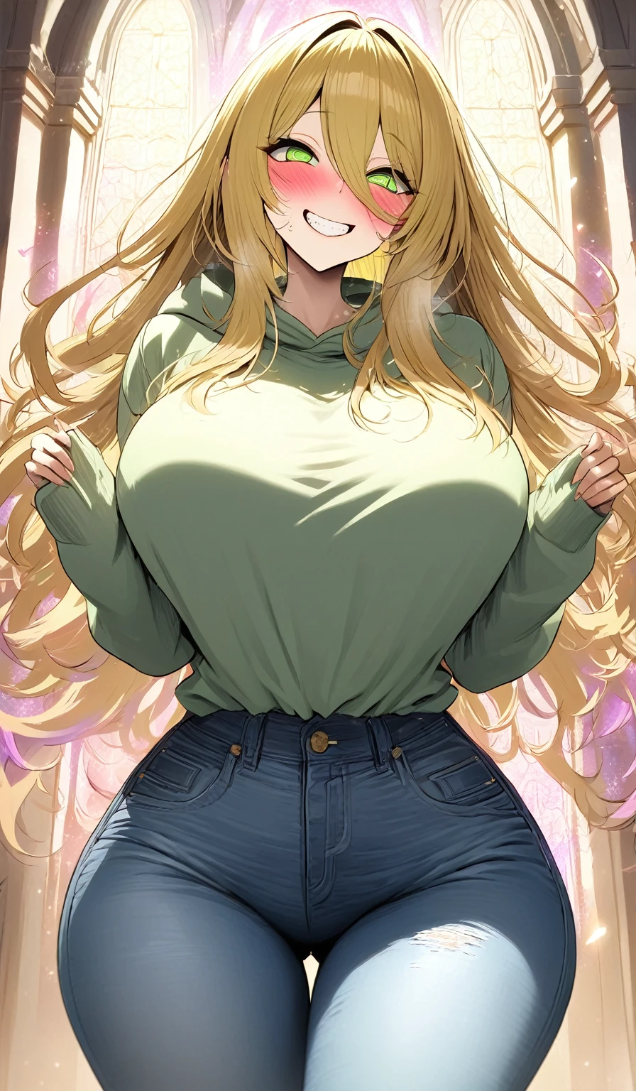 Masterpiece, very detailed, ultra detailed, one, (1 woman), woman in a sweatshirt and jeans, green eyes, spiral eyes, with blushes on her face, with a big toothy crazy and obsessed smile, long bright gold straight hair and Straight ching, with huge breasts, around her an aura of love and bright hearts, against the background of the church