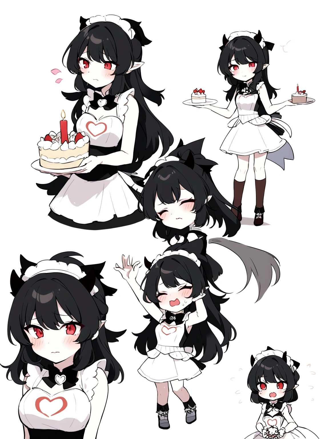 Anime girl, black hair with horns, red eyes, cute, with poses, holding a cake celebrating his birthday with sad face