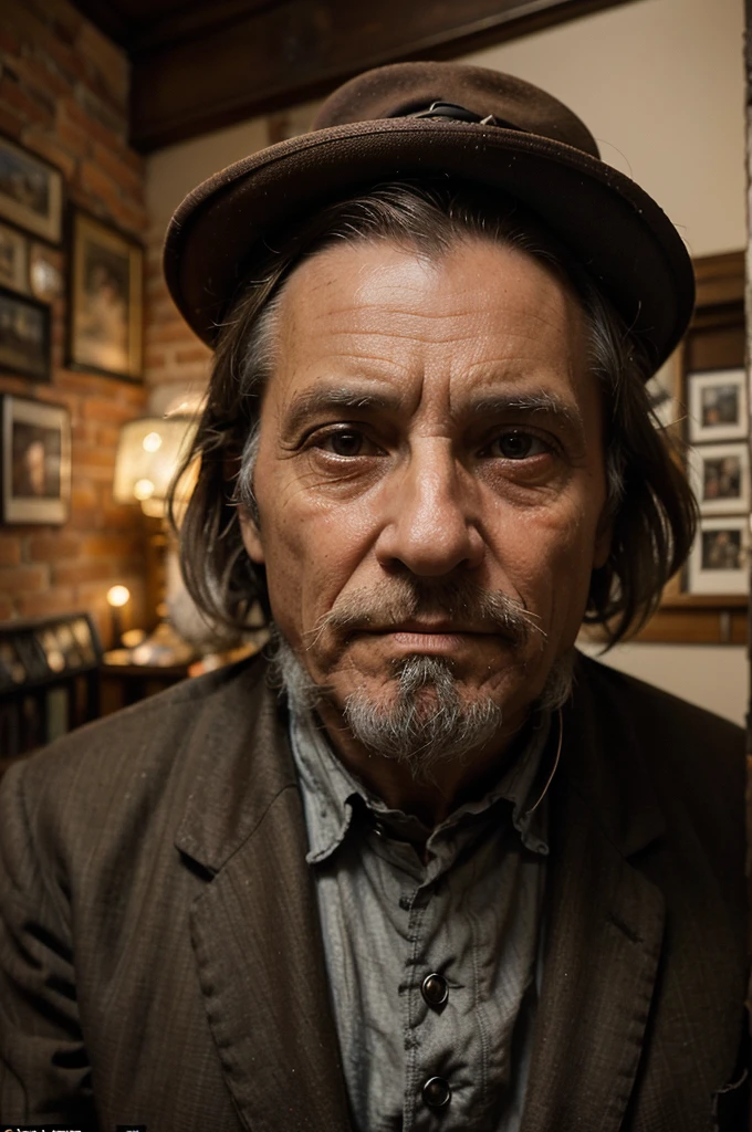 Create an image. 19th century photography. forty-six-year-old British pensioner of the 19th century, living in London, extremely eccentric, To such an extent, which borders on insanity