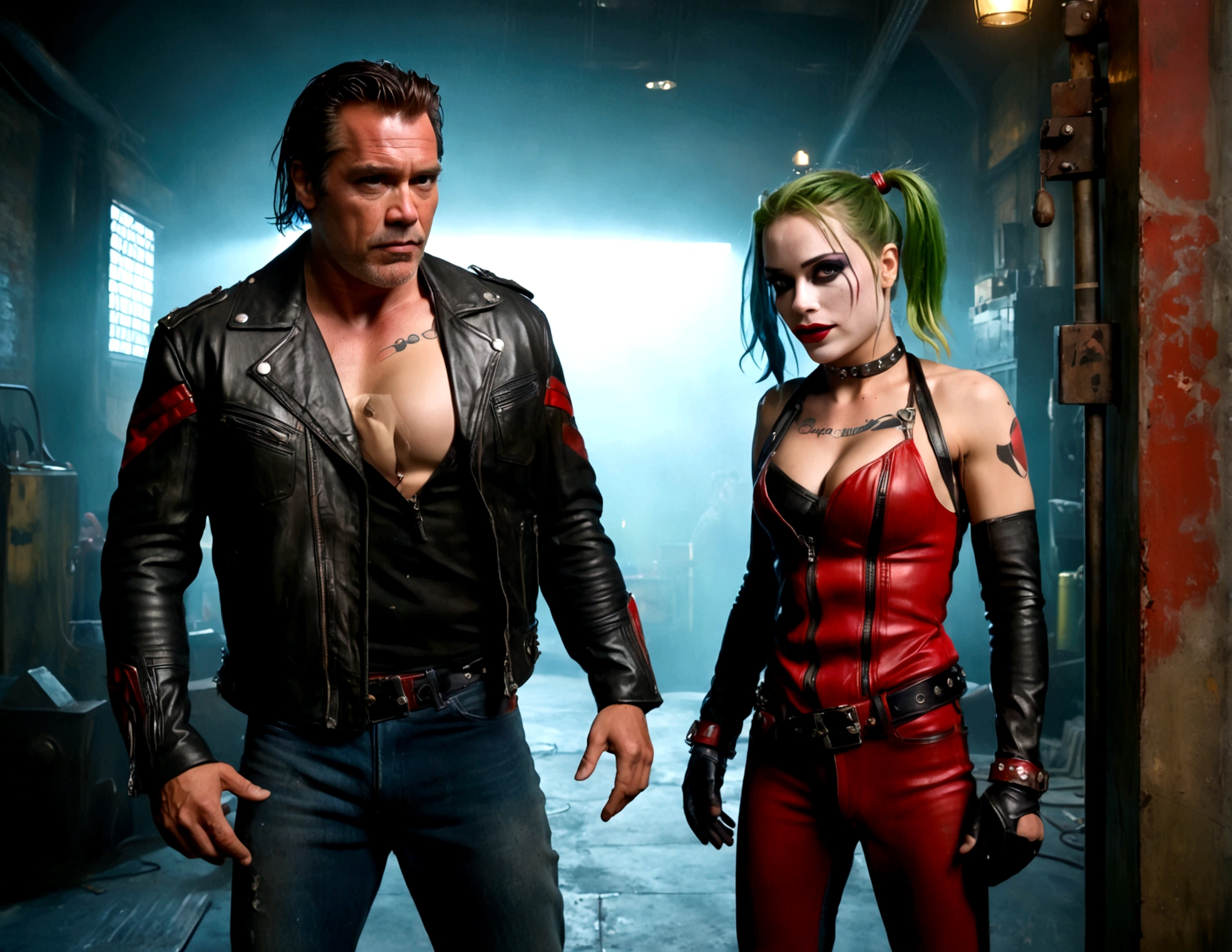 a muscular man with a gruff expression, wearing a leather jacket and jeans (Big Trouble in Little China movies Jack Burton), scolding a woman with vibrant green hair, red and black makeup, and a red and black costume (DC comics Harley Quinn), in a dark and gritty underground lair with high-tech equipment and machinery, dramatic lighting, cinematic angle, (best quality,4k,8k,highres,masterpiece:1.2),ultra-detailed,(realistic,photorealistic,photo-realistic:1.37),chiaroscuro lighting,moody atmosphere,dramatic composition,highly detailed background