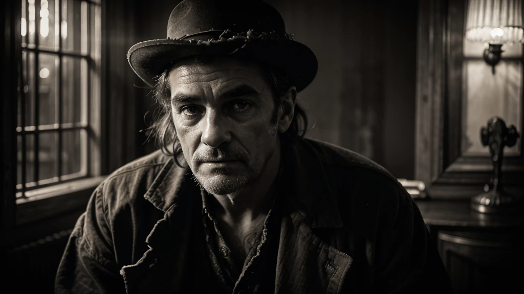 A 46-year-old eccentric British pensioner in 19th century London, ultra-detailed portrait, 19th century photography, moody dramatic lighting, vintage sepia tones, high contrast, intricate facial features, bushy eyebrows, intense gaze, messy unkempt hair, weathered skin, old tattered clothing, ornate antique furniture background, chiaroscuro lighting, mysterious atmosphere, masterpiece, 8k, hyper realistic