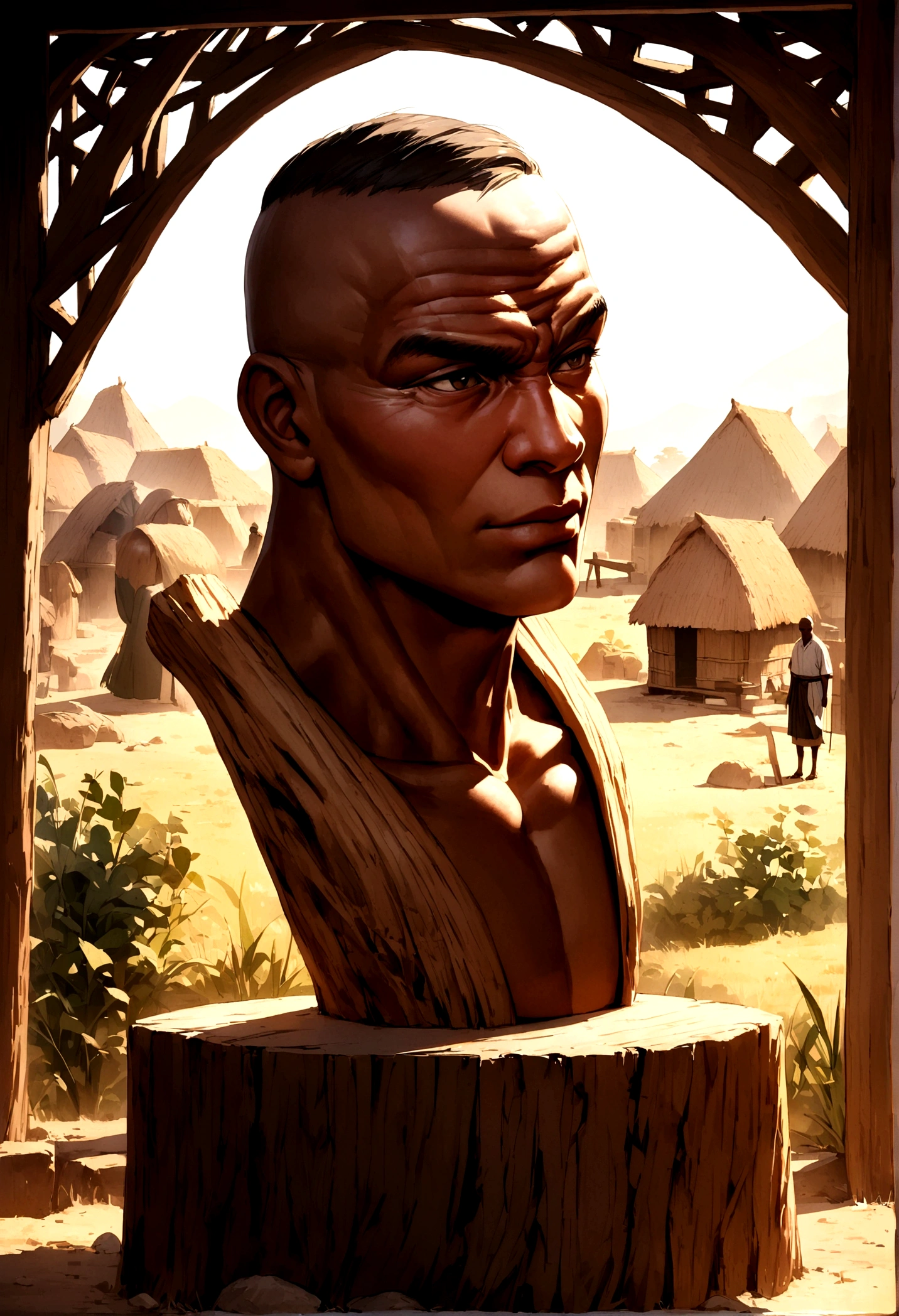 A young boy stands proudly beside a large, intricately carved wooden bust of soccer star Mike tyson. 
The sculpture, carved from a single tree trunk, is incredibly lifelike and detailed. 
They are set against a backdrop of a simple village, possibly in Africa, with thatched huts and dirt ground.