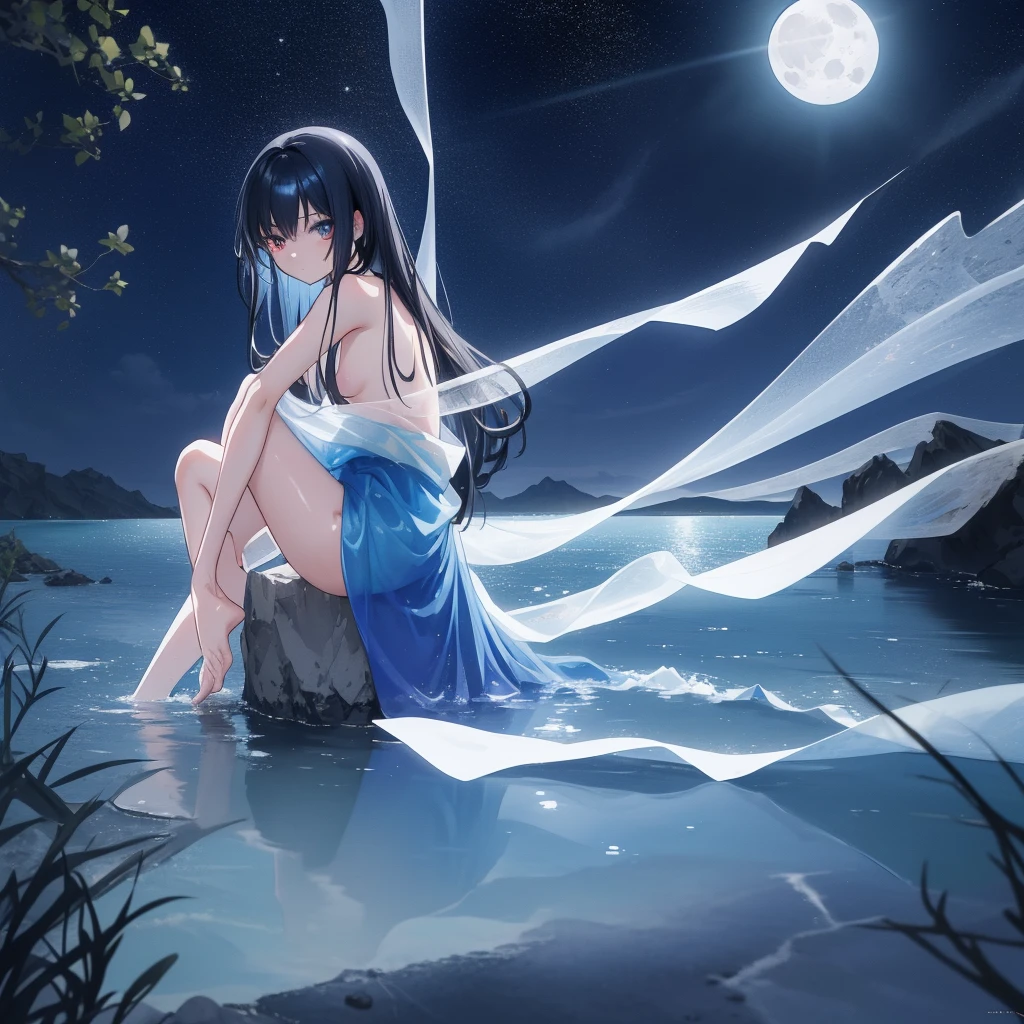 ((A long shot)) of a black-haired anime teen girl, ((sitting in a river)), ((strong moonlight)), cinematic light, slim body, skin is perfectly healthy, soft, and smooth, Extremely delicate and beautiful CG illustration, best quality, high resolution, dynamic angle, full-length lens, (1 girl), floating, (soft light, high-key lighting), glowing light, blue halo, blue crystal, ((very cinematic)), ((half naked)), ((torn clothes))