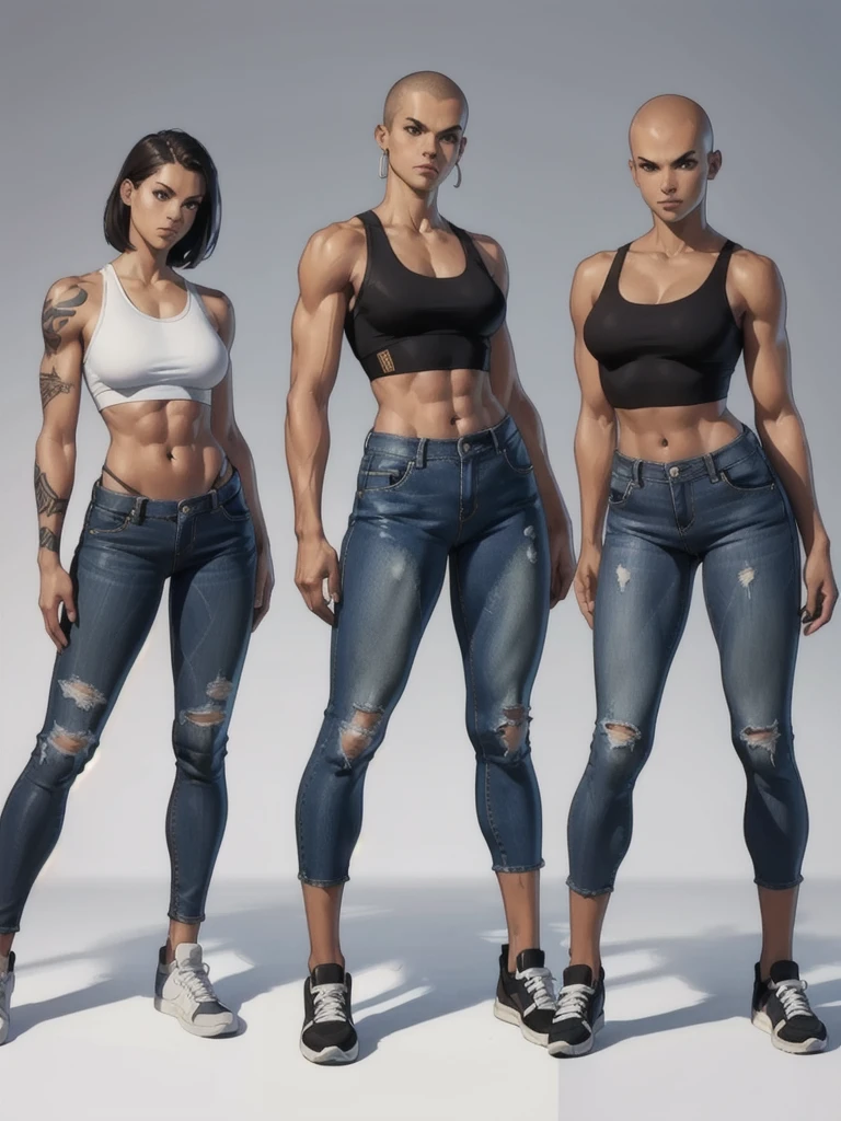 ((best quality)), ((4k)), ((highres)), ((masterpiece:1.2)). ((detailed)), ((ultra realistic)), ((intricate details)), ((full body picture)), ((character design sheet)), ((blank background)), ((standing in a blank background)), a full body shot of a bald female, bald woman, muscular woman, muscular arms, mucular legs, about 6'0 tall, about 25 years old, arm tattoos, ((arm tattoos)), dressed in a sports bra and blue jeans pants, midriff, six pack abs, sneakers, female gang member, character concept art, fighting game concept art, king of fighters character concept art, shaved head