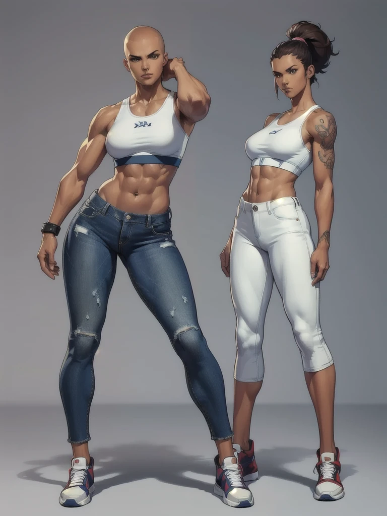 ((best quality)), ((4k)), ((highres)), ((masterpiece:1.2)). ((detailed)), ((ultra realistic)), ((intricate details)), ((full body picture)), ((character design sheet)), ((blank background)), ((standing in a blank background)), a full body shot of a bald female, bald woman, muscular woman, muscular arms, mucular legs, about 6'0 tall, about 25 years old, arm tattoos, ((arm tattoos)), dressed in a sports bra and blue jeans pants, midriff, six pack abs, sneakers, female gang member, character concept art, fighting game concept art, king of fighters character concept art, shaved head