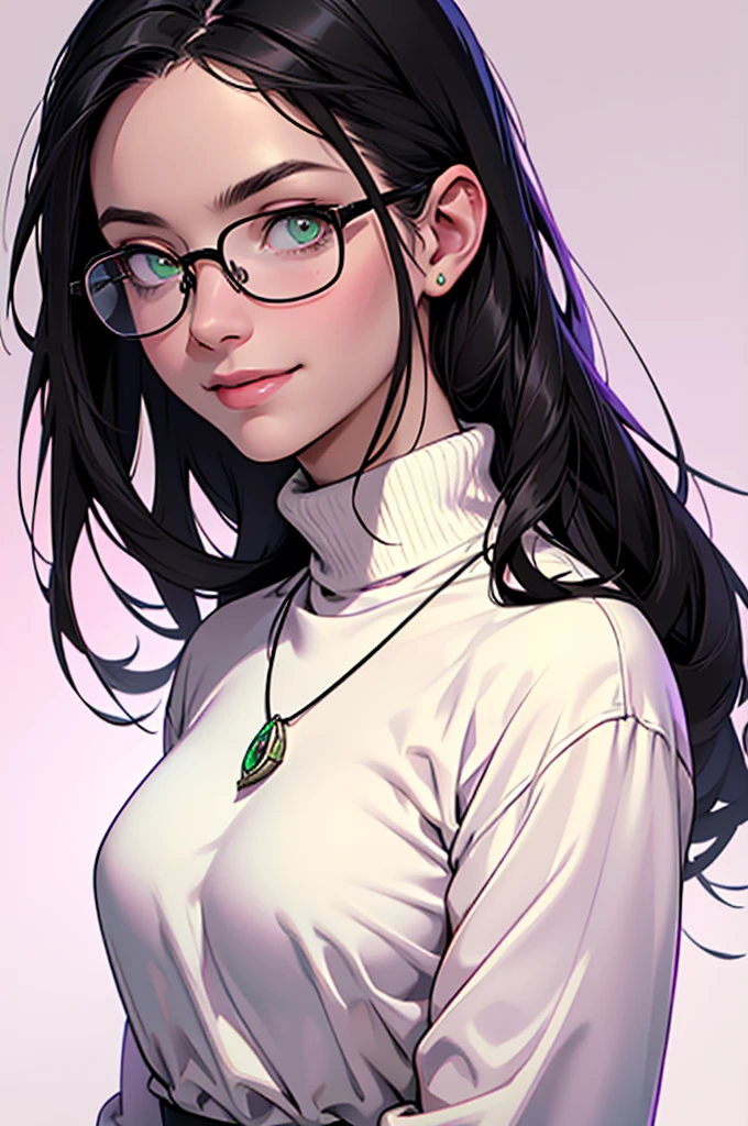 realistic portrait of a pretty white young woman with long straight black hair. She has green eyes and wears round glasses. She is smiling slightly and wears a long-sleeved white blouse with a purple turtleneck.. She is also wearing a necklace with a symbol pendant.. The background is light pink