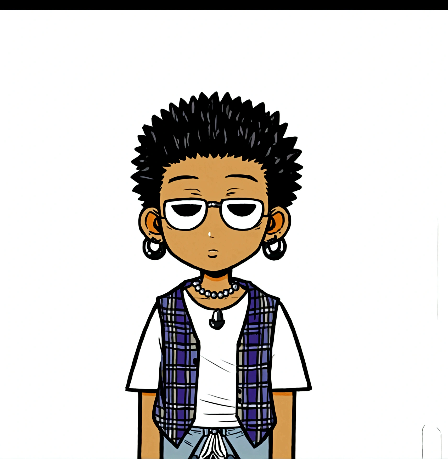 Crée une image de style cartoon représentant une garçon mignon avec des cheveux noirs et bouclés, portant un débardeur à carreaux par-dessus un t-shirt blanc, un collier de perles, un jean, et des boucles d'oreilles.