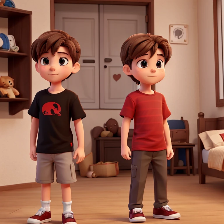 a boy 12 years with brown hair He wears a dark red t-shirt with white stripes, black pants and gray shoes