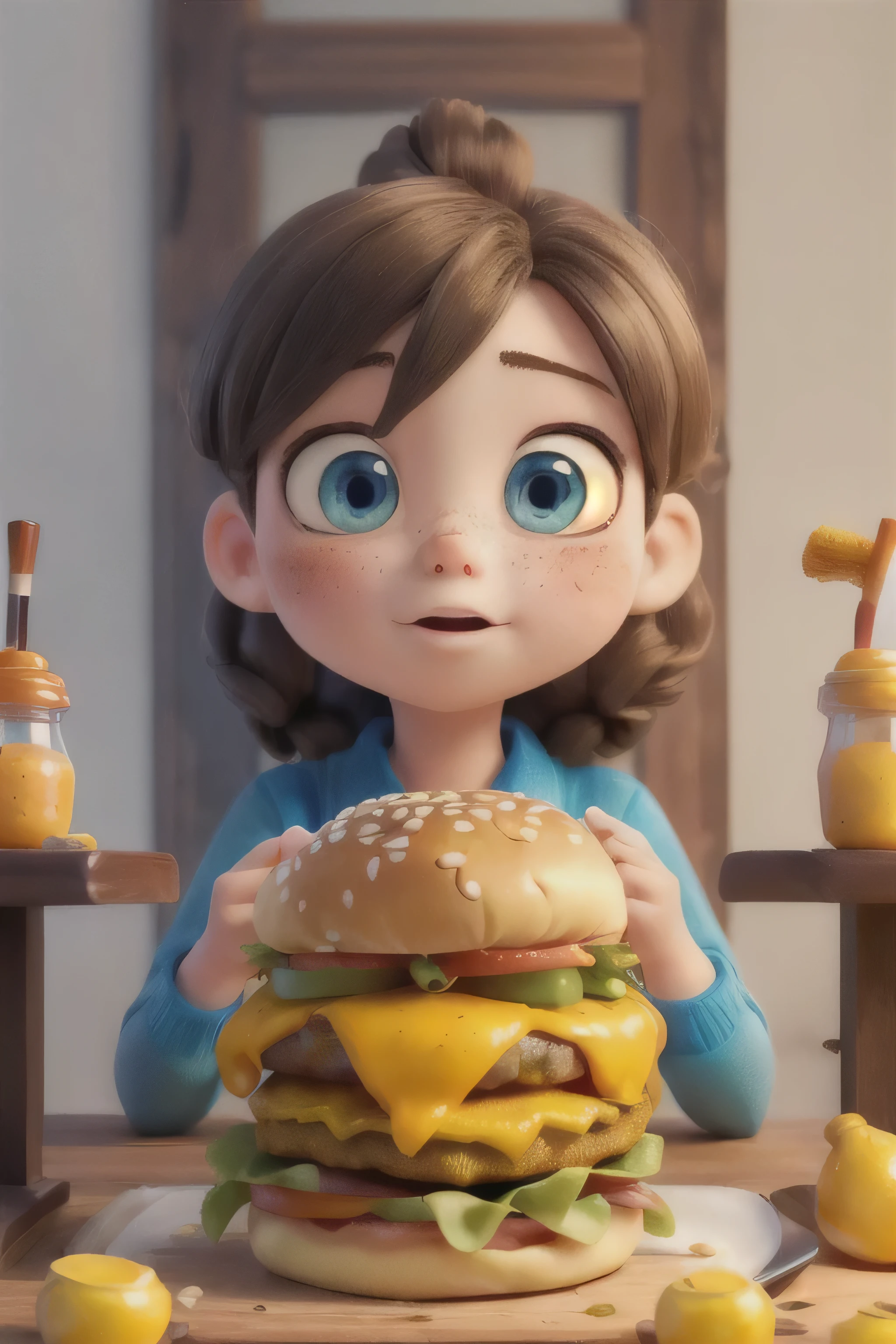 (masterpiece), (focused on all shots: 2), (bright colors), ((cute girl with Pixar style)), (the girl is eating a delicious hamburger), (pretty girl with blue eyes and freckles), ( clean white background:1), (beautifully prepared giant hamburger), (the hamburger is larger than the girl:1.3), (the girl peeks out from behind the hamburger), ((the image of the hamburger is predominant in the image)), ((the hamburger looks delicious)), (the girl has mustard and capsut in her mouth and part of her clothes)