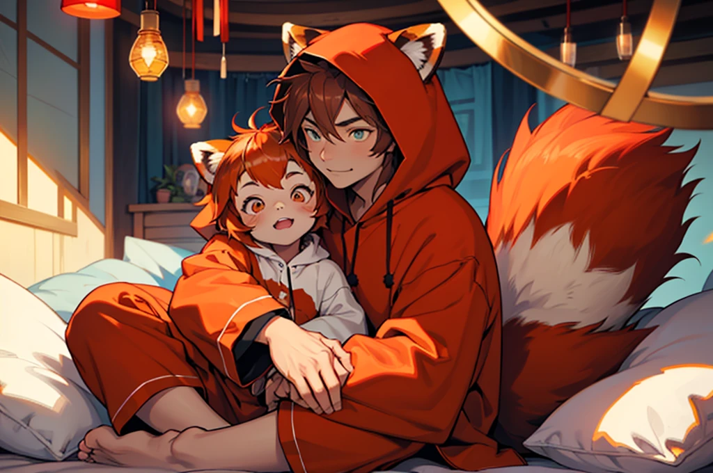 hair orange, greeneyes, boy, , animal ears, cute, shota, cute pijama, flip flop, jaded, sleepy eyes, perfect lighting, extensive detail, detailded, deep skin,texturized skin, ,red panda costume,red and red bear costume , long sleeves, hooded cloak,,malva , long hair, orange eyes, Fantastic smile,on top of the bed ,sitting between pillows brown hair, (animal hooded cloak, red panda ears. , animal ears falsas, texturized skin, High details, high qualiy, best quality, artwork, man wearing a red panda costume ((red panda costume style pajamas), hall, Stuffed animal, Male red pajamas