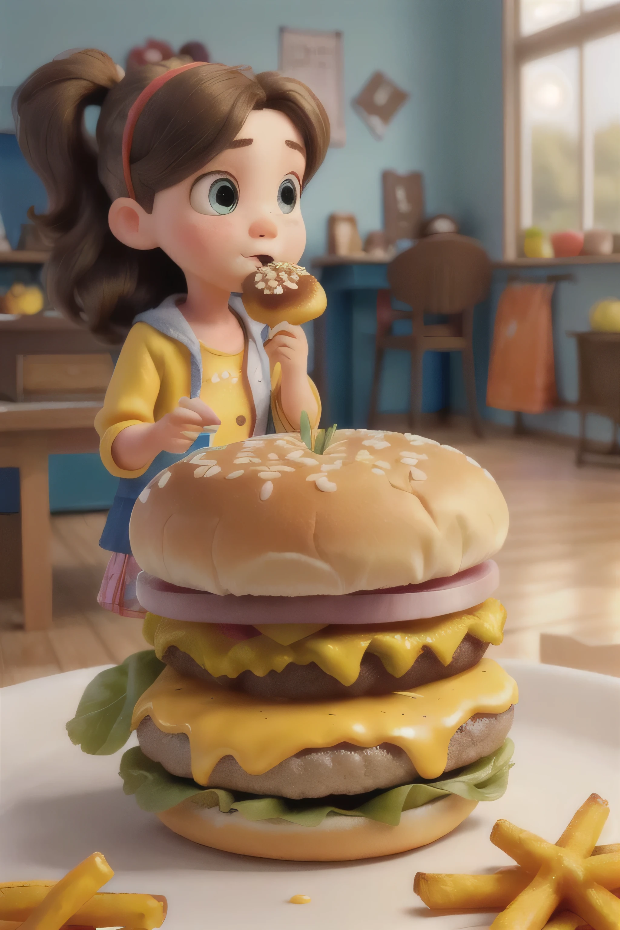 (masterpiece), (focused on all shots: 2), (bright colors), ((cute girl with Pixar style)), (the girl is eating a delicious hamburger), (pretty girl with blue eyes and freckles), ( clean white background:1), (beautifully prepared giant hamburger), (the hamburger is larger than the girl:1.3), (the girl peeks out from behind the hamburger), ((the image of the hamburger is predominant in the image)), ((the hamburger looks delicious)), (the girl has mustard and capsut in her mouth and part of her clothes)