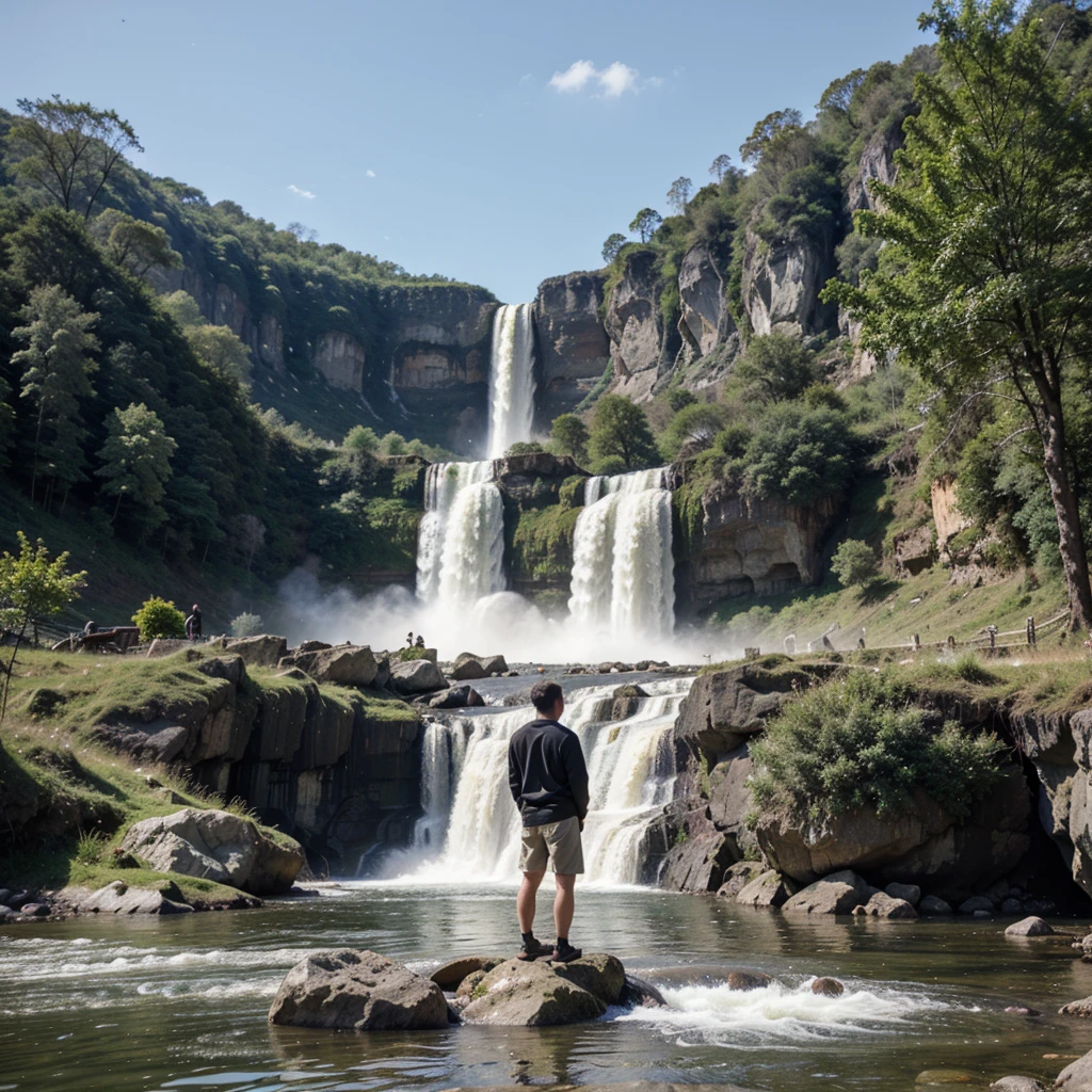 a man standing on a rock and facing a very beautiful waterfall