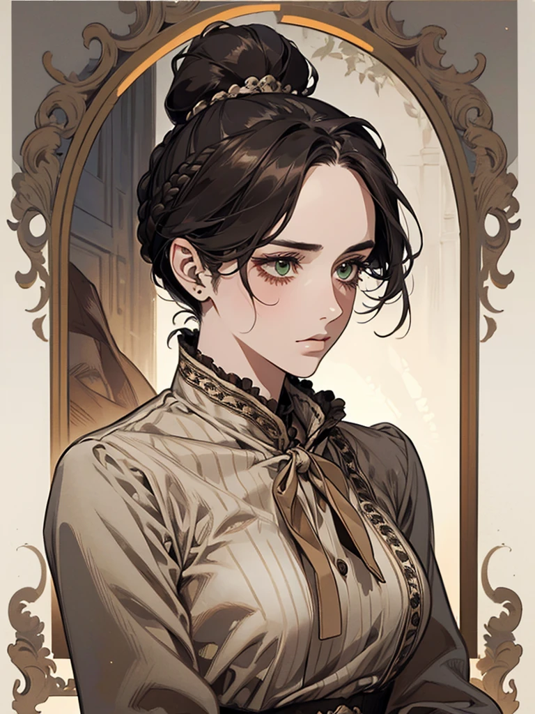 one, digital painting of a woman with her hair tied up in a bun, black hair, green eyes, young noblewoman from the 1800s , calm face, looks down, dark red dress, closed beautiful dress, thin decorations on the head around the hair, in the garden, PORTRAIT STYLE, looking away, ((crook in the nose, long aquiline nose))