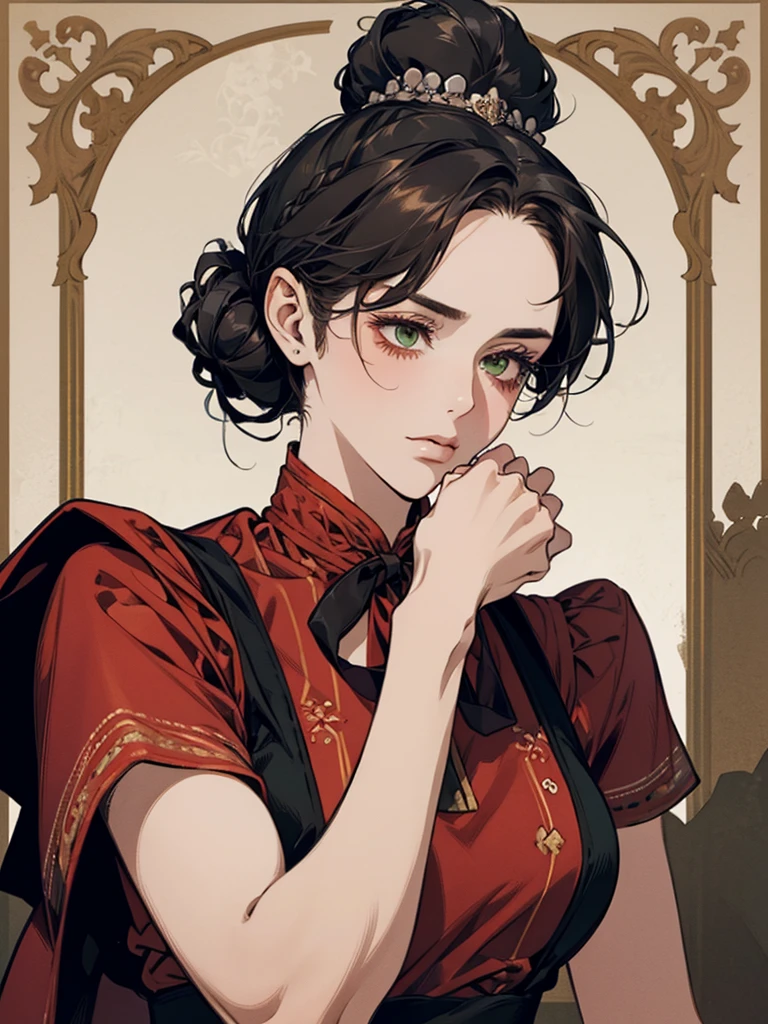 one, digital painting of a woman with her hair tied up in a bun, black hair, green eyes, young noblewoman from the 1800s , calm face, looks down, dark red dress, closed beautiful dress, thin decorations on the head around the hair, in the garden, PORTRAIT STYLE, looking away, ((crook in the nose, long aquiline nose))