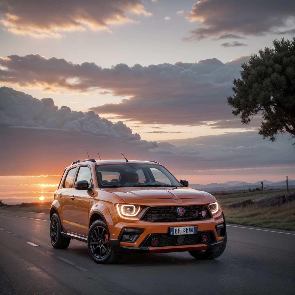 Transformer fiat uno, hyper realist, under an orange sky at dusk, 4K