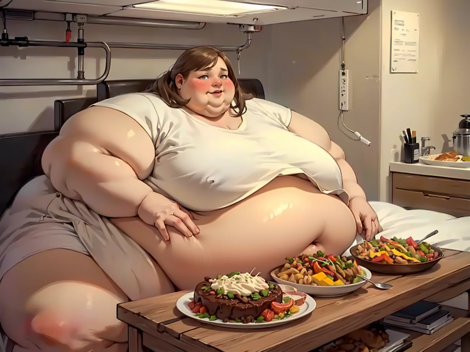 (masterpiece, detailed, realistic:1.3), young european woman, beautiful, USSBBW, (morbidly obese, fatblob:1.2), nude, ashamed, (detailed face, beautiful face), (embarrassed expression:1.2), high aesthetic, sat up in hospital bed, surrounded by food