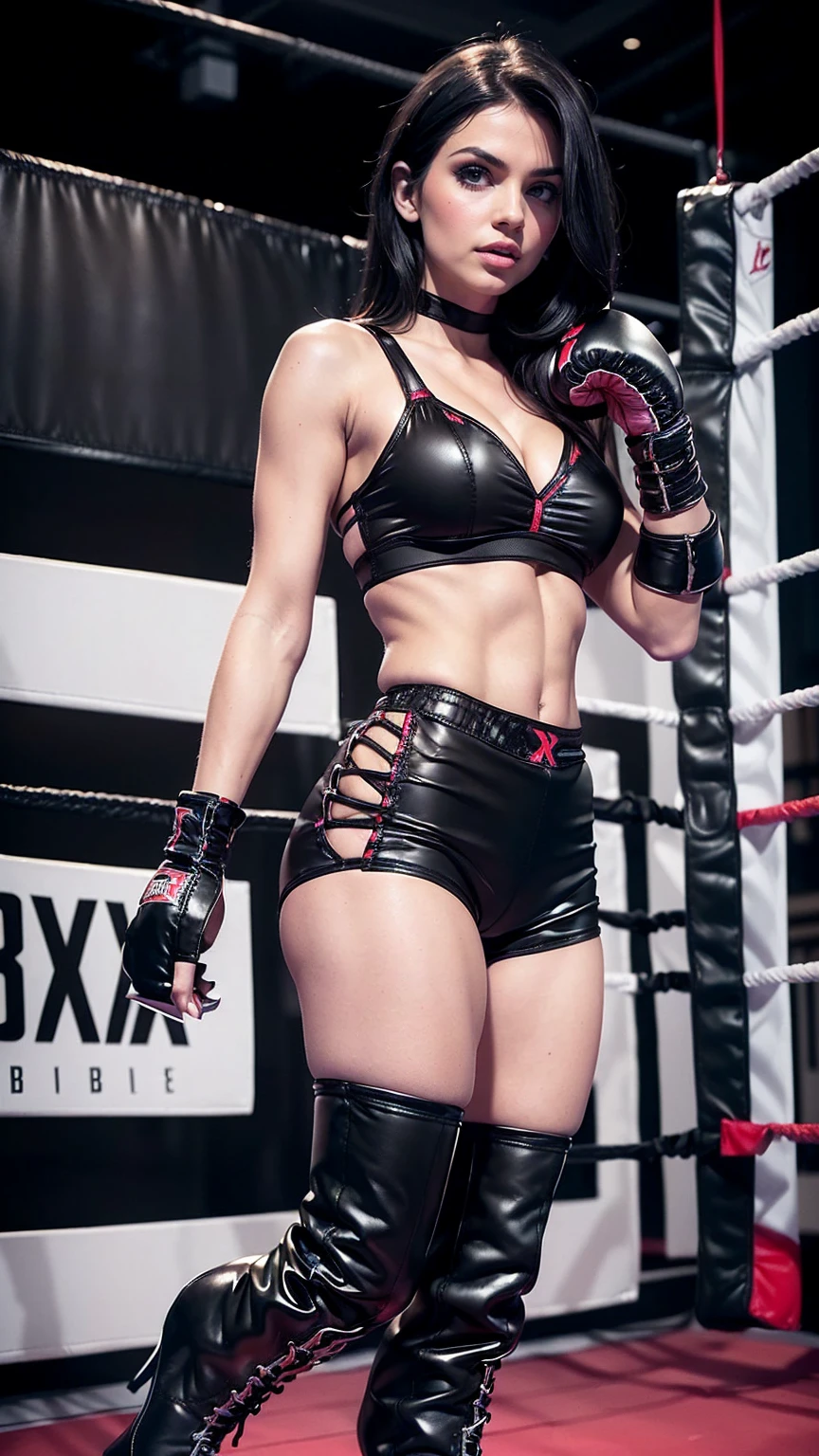 Beautiful Caucasian bimbo pornstar, sexy attractive face, ((black boxing shorts:1.3)), ((sexy boxing shorts:1.3)), ((boxing boots)), ((jet-black hair)), ((full breasts)),