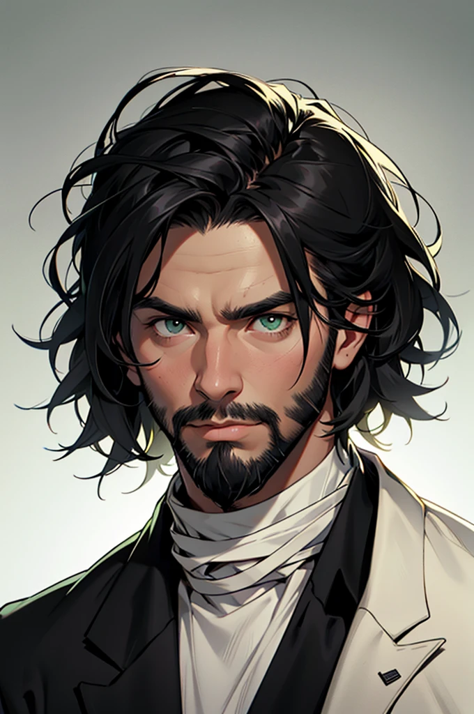 realistic portrait of a young man with shaggy black hair and a sparse beard just on his chin. He has a serious expression and is wearing a bandage on his nose.. He wears a white turtleneck and a black coat.. The background is light green with scattered black details.