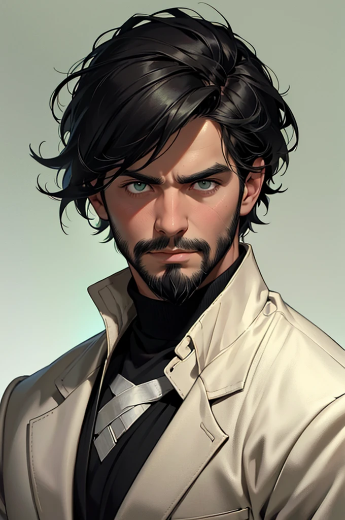 realistic portrait of a young man with shaggy black hair and a sparse beard just on his chin. He has a serious expression and is wearing a bandage on his nose.. He wears a white turtleneck and a black coat.. The background is light green with scattered black details.
