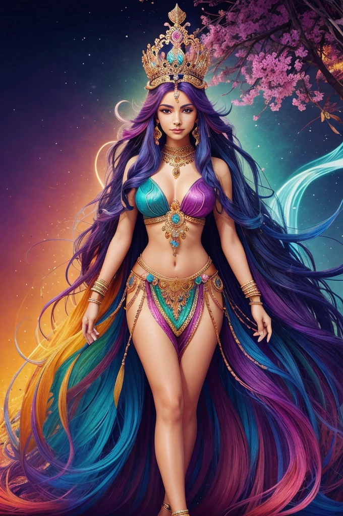 Create a full-body illustration of a kind and serene goddess in a vibrant and abstract style. The goddess should have flowing, colorful hair, with hues blending beautifully. She should wear intricate traditional jewelry and a crown, symbolizing her divinity. The background should be dark to highlight the bright, ethereal colors of the goddess. Experiment with different color schemes for the goddess's hair and attire to create a variety of images. The overall style should be a mix of traditional and modern, with a focus on vibrant, glowing colors and intricate patterns."