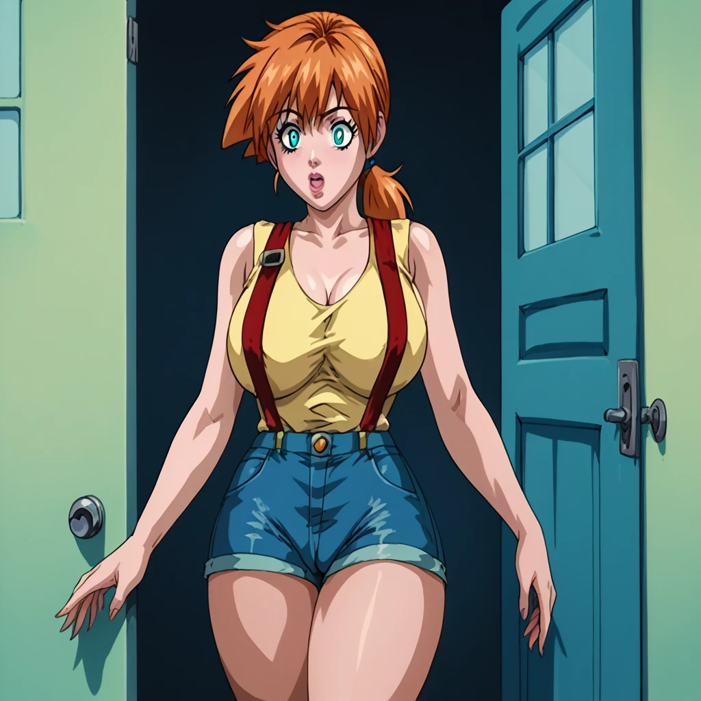 1girl, solo, score_9, score_8_up, source_anime Bibl3, busty shortstack, misty \(pokemon\, orange hair, aqua eyes, white pupils, huge breasts, heavy breasts, breast expansion, full lips, vivid lips, wide hips, thick thighs, yellow tank top, red suspenders, denim shorts, cameltoe, viewed from front, doorway of school office, girl shocked, mesmerized, innocent expression, raised eyebrows, detailed eyes, detailed face, puckered lips,