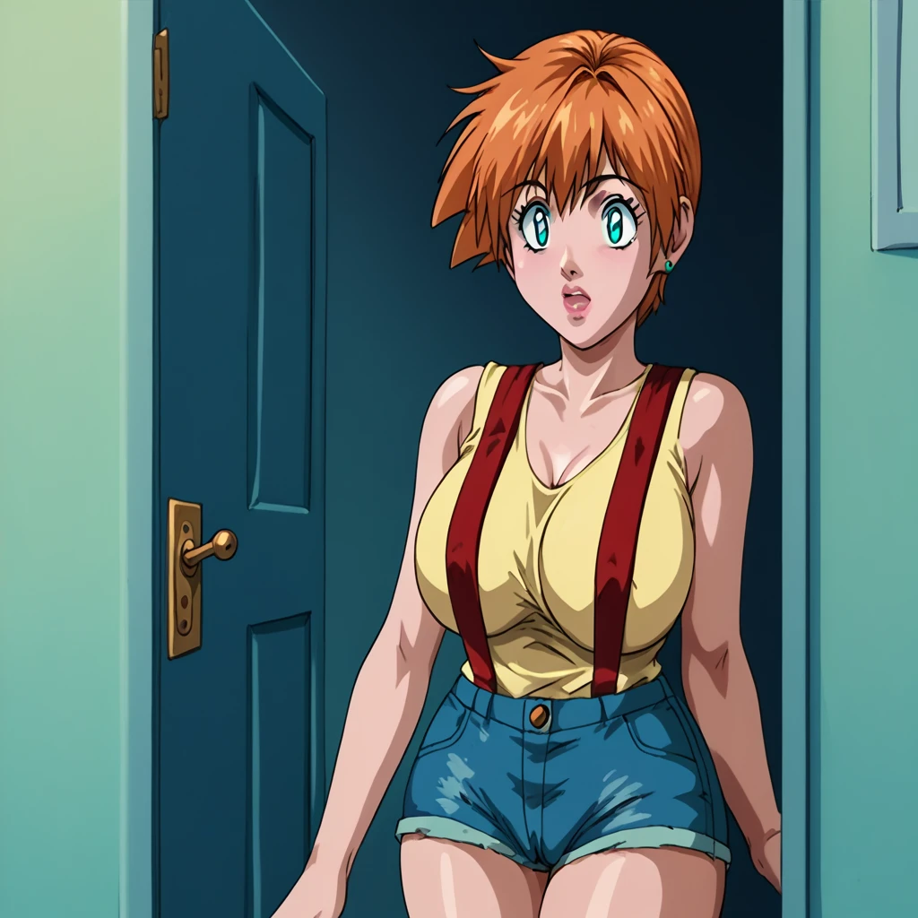 1girl, solo, score_9, score_8_up, source_anime Bibl3, busty shortstack, misty \(pokemon\, orange hair, aqua eyes, white pupils, huge breasts, heavy breasts, breast expansion, full lips, vivid lips, wide hips, thick thighs, yellow tank top, red suspenders, denim shorts, cameltoe, viewed from front, doorway of school office, girl shocked, mesmerized, innocent expression, raised eyebrows, detailed eyes, detailed face, puckered lips,